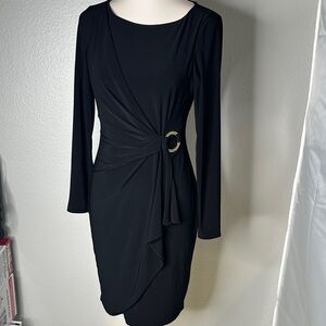 Anne Klein Black Long-Sleeve Draped Sheath Dress with Gold Ring Accent